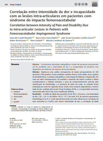 Correlation between Intensity of Pain and Disability Due to Intra-articular Lesions in Patients with Femoroacetabular Impingement Syndrome