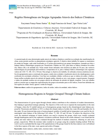 Regiões Homogêneas em Sergipe Agrupadas Através dos índices Climáticos