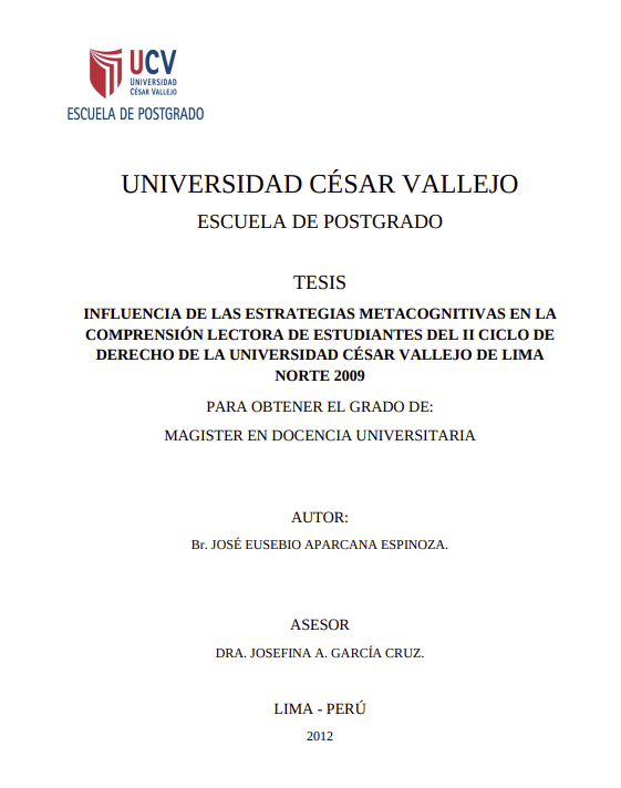 Influencia de las estrategias metacognitivas en la comprensión lectora de estudiantes del II ciclo de Derecho