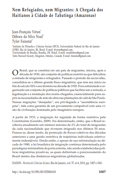 Nem Refugiados, nem Migrantes: A Chegada dos Haitianos à Cidade de Tabatinga (Amazonas)