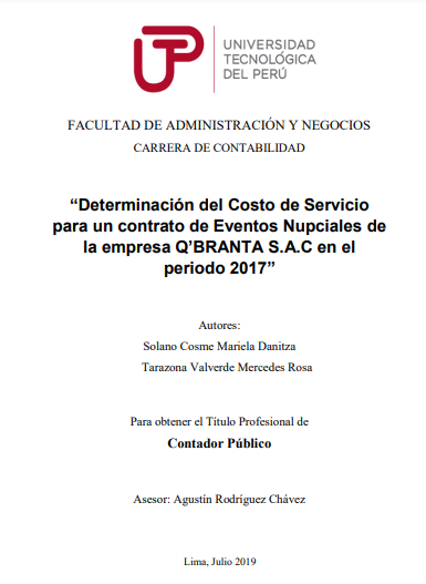 Determinación del costo de servicio para un contrato de eventos nupciales de la empresa Q'Branta S. A. C en el periodo 2017