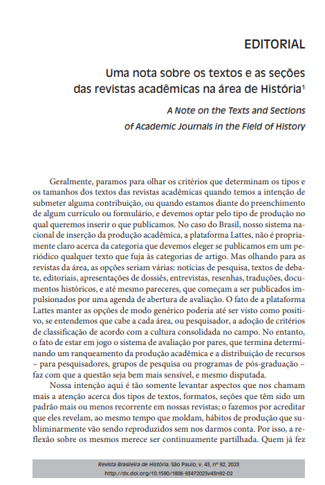 Uma nota sobre os textos e as seções das revistas acadêmicas na área de História