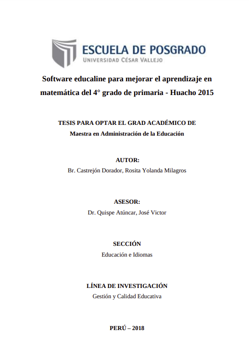 Software educaline para mejorar el aprendizaje en matemática del 4° grado de primaria - Huacho 2015