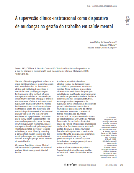 A supervisão clínico-institucional como dispositivo de mudanças na gestão do trabalho em saúde mental