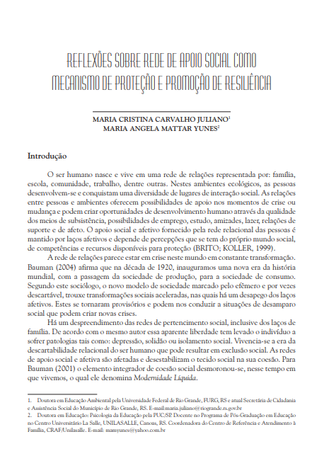 Reflexões sobre rede de apoio social como mecanismo de proteção e promoção de resiliência