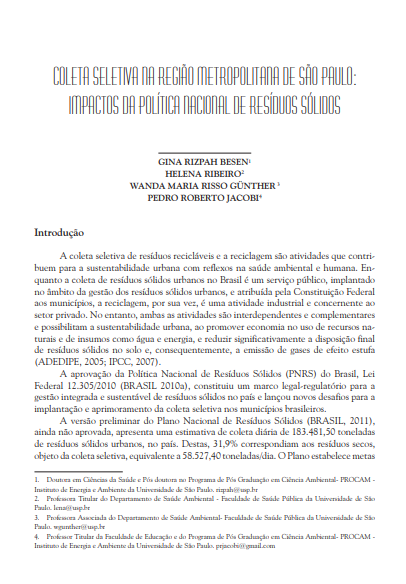 Coleta seletiva na Região Metropolitana de São Paulo: impactos da Política Nacional de Resíduos Sólidos