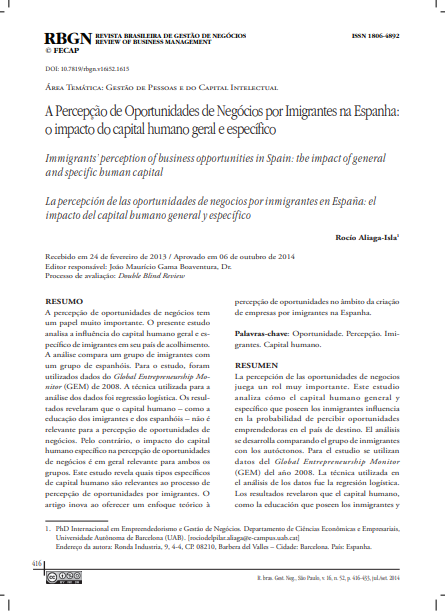 A Percepção de Oportunidades de Negócios por Imigrantes na Espanha: o impacto do capital humano geral e específico