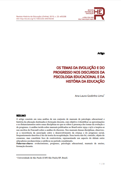 OS TEMAS DA EVOLUÇÃO E DO PROGRESSO NOS DISCURSOS DA PSICOLOGIA EDUCACIONAL E DA HISTÓRIA DA EDUCAÇÃO