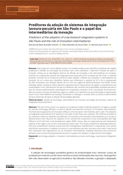 Preditores da adoção de sistemas de integração lavoura-pecuária em São Paulo e o papel dos intermediários da inovação