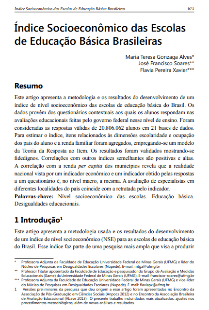 Índice socioeconômico das escolas de educação básica brasileiras