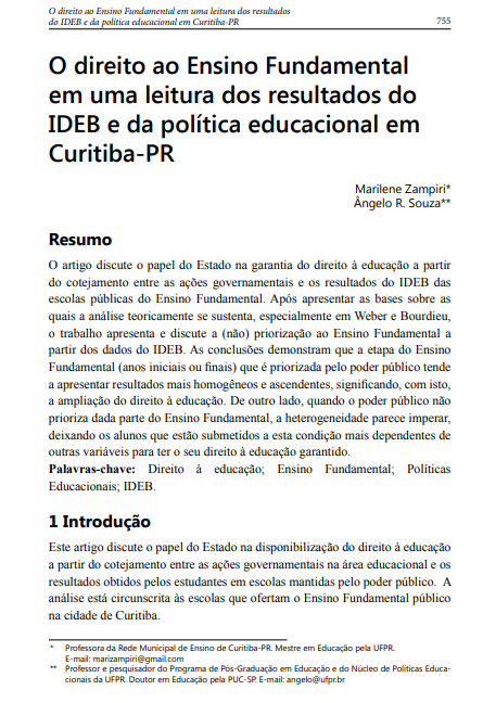 O direito ao Ensino Fundamental em uma leitura dos resultados do IDEB e da política educacional em Curitiba-PR