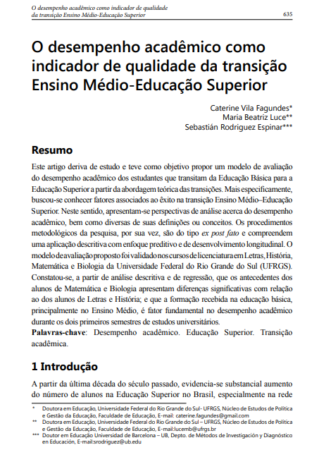 O desempenho acadêmico como indicador de qualidade da transição Ensino Médio-Educação Superior
