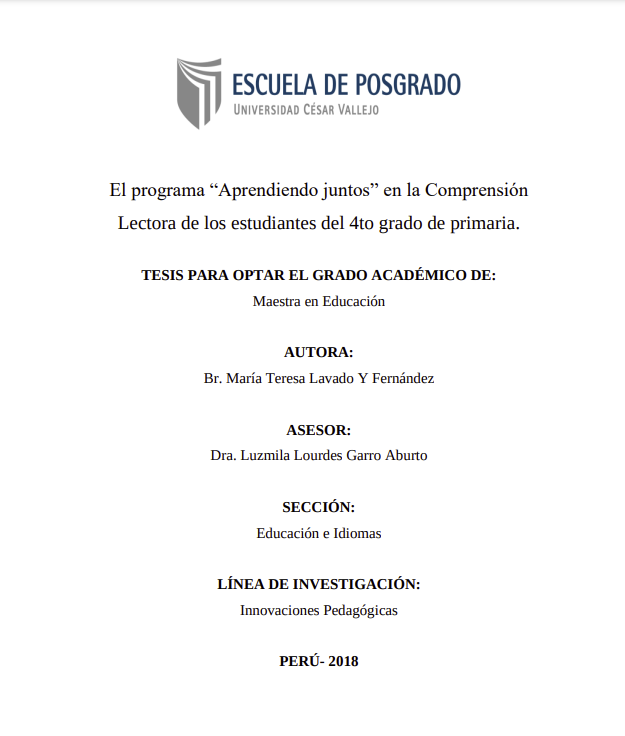 El programa &quot;Aprendiendo juntos&quot; en la Comprensión Lectora de los estudiantes del 4to grado de primaria