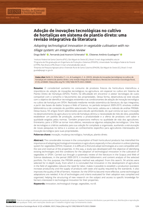 Adoção de inovações tecnológicas no cultivo de hortaliças em sistema de plantio direto: uma revisão integrativa da literatura