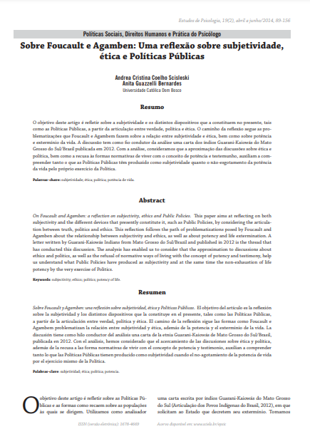 Sobre Foucault e Agamben: uma reflexão sobre subjetividade, ética e Políticas Públicas