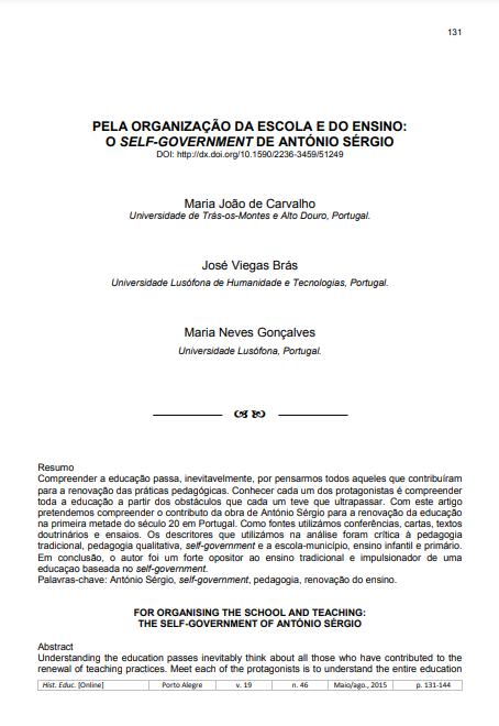 Pela organização da escola e do ensino:o self-government de António Sérgio