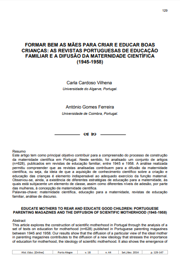 Formar bem as mães para criar e educar boas crianças: as revistas portuguesas de educação familiar e a difusão da maternidade científica (1945-1958)