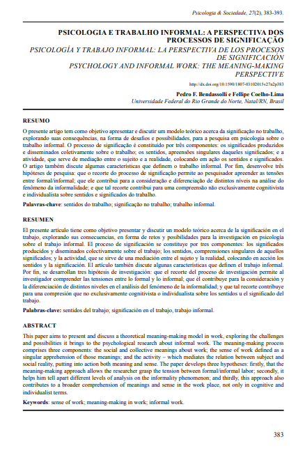 PSICOLOGIA E TRABALHO INFORMAL: A PERSPECTIVA DOS PROCESSOS DE SIGNIFICAÇÃO