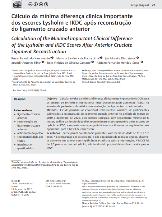 Calculation of the Minimal Important Clinical Difference of the Lysholm and IKDC Scores After Anterior Cruciate Ligament Reconstruction