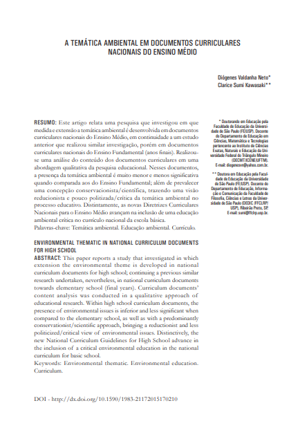 A TEMÁTICA AMBIENTAL EM DOCUMENTOS CURRICULARES NACIONAIS DO ENSINO MÉDIO