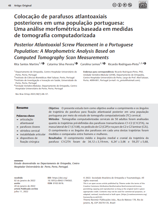Posterior Atlantoaxial Screw Placement in a Portuguese Population: A Morphometric Analysis Based on Computed Tomography Scan Measurements