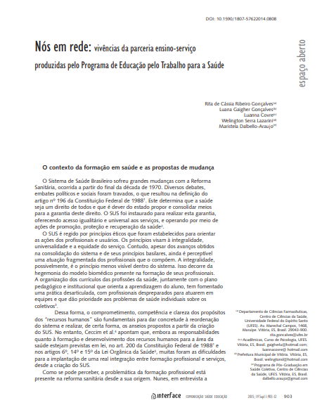 Nós em rede: vivências da parceria ensino-serviço produzidas pelo Programa de Educação pelo Trabalho para a Saúde