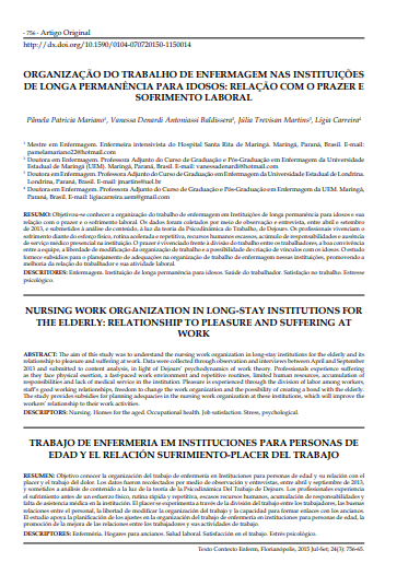 Nursing work organization in long-stay institutions for the elderly: relationship to pleasure and suffering at work