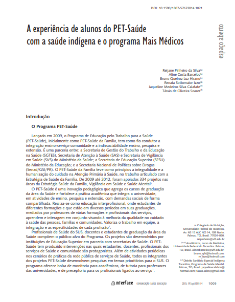 A experiência de alunos do PET-Saúde com a saúde indígena e o programa Mais Médicos