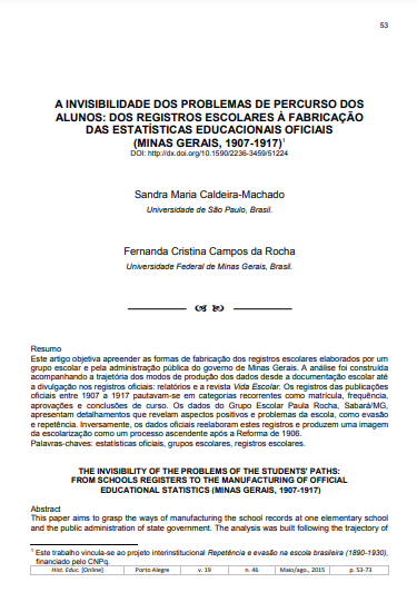 A invisibilidade dos problemas de percurso dos alunos: dos registros escolares à fabricação das estatísticas educacionais oficiais (Minas Gerais, 1907-1917)