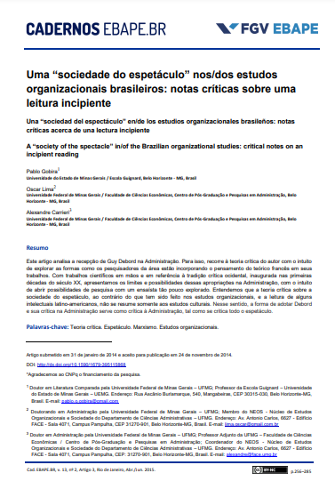 Uma &quot;sociedade do espetáculo&quot; nos/dos estudos organizacionais brasileiros: notas críticas sobre uma leitura incipiente