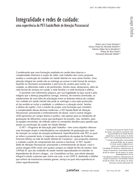 Integralidade e redes de cuidado: uma experiência do PET-Saúde/Rede de Atenção Psicossocial