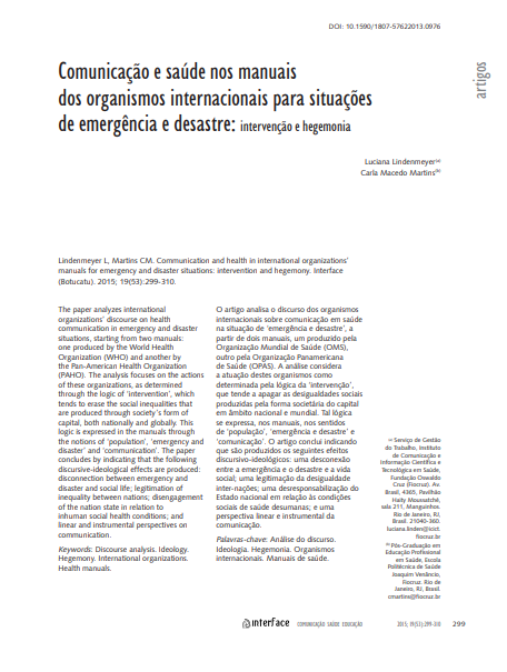 Comunicação e saúde nos manuais dos organismos internacionais para situações de emergência e desastre: intervenção e hegemonia