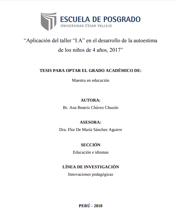 Aplicación del taller &quot;I.A&quot; en el desarrollo de la autoestima de los niños de 4 años, 2017