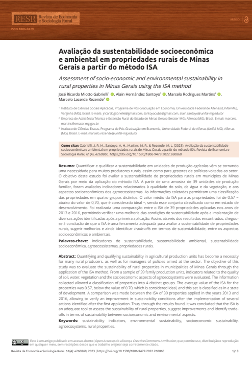 Avaliação da sustentabilidade socioeconômica e ambiental em propriedades rurais de Minas Gerais a partir do método ISA