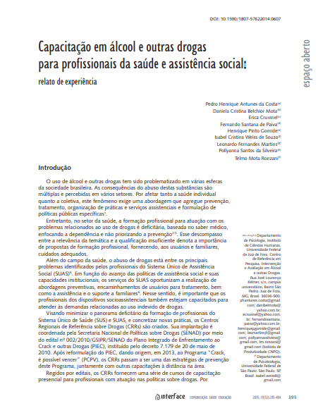 Capacitação em álcool e outras drogas para profissionais da saúde e assistência social: relato de experiência