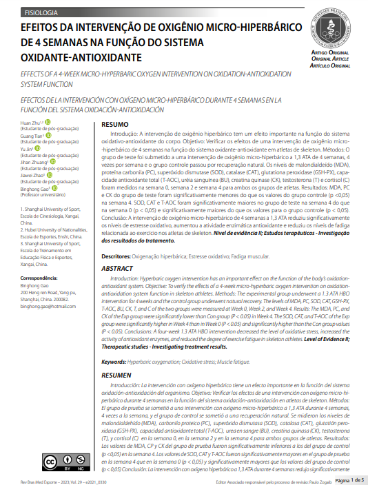 EFFECTS OF A 4-WEEK MICRO-HYPERBARIC OXYGEN INTERVENTION ON OXIDATION-ANTIOXIDATION SYSTEM FUNCTION