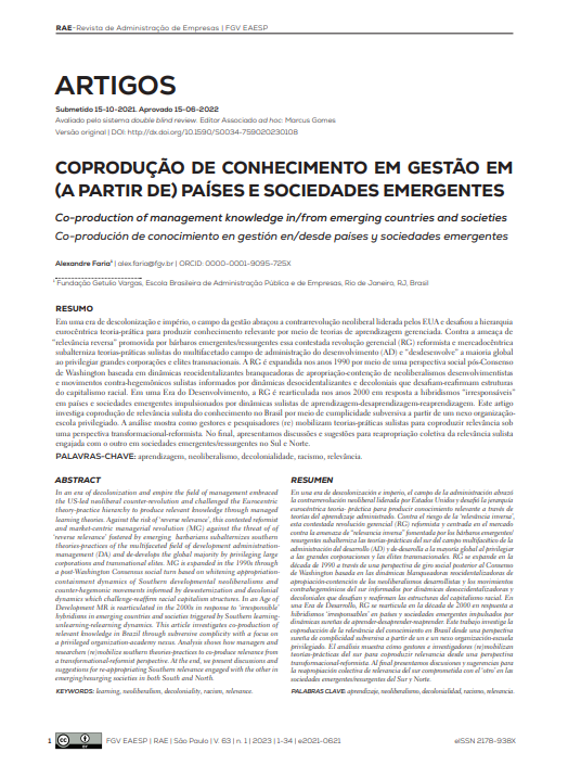 COPRODUÇÃO DE CONHECIMENTO EM GESTÃO EM (A PARTIR DE) PAÍSES E SOCIEDADES EMERGENTES