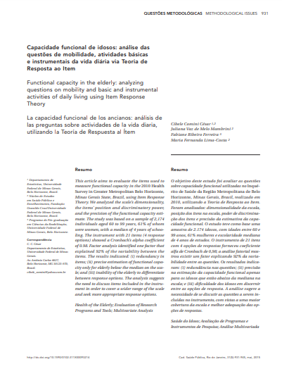 Capacidade funcional de idosos: análise das questões de mobilidade, atividades básicas e instrumentais da vida diária via Teoria de Resposta ao Item