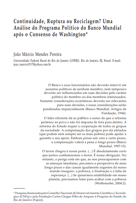 Continuidade, Ruptura ou Reciclagem? Uma Análise do Programa Político do Banco Mundial após o Consenso de Washington