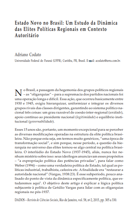 Estado Novo no Brasil: Um Estudo da Dinâmica das Elites Políticas Regionais em Contexto Autoritário