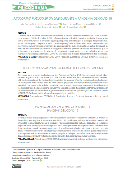 PSICODRAMA PÚBLICO SP ON-LINE DURANTE A PANDEMIA DE COVID-19