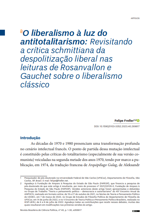 O liberalismo à luz do antitotalitarismo: Revisitando a crítica schmittiana da despolitização liberal nas leituras de Rosanvallon e Gauchet sobre o liberalismo clássico