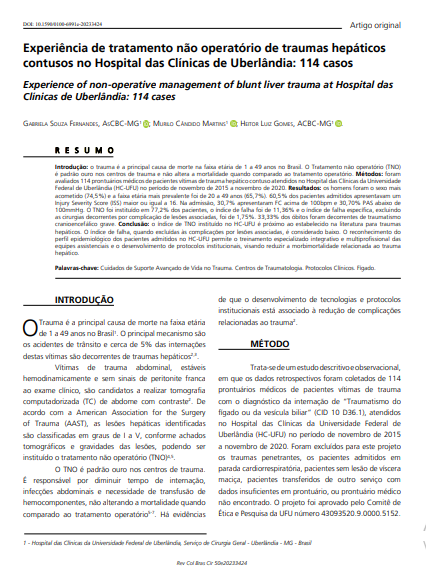 Experience of non-operative management of blunt liver trauma at Hospital das Clínicas de Uberlândia: 114 cases