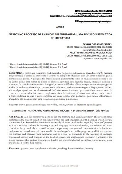 GESTOS NO PROCESSO DE ENSINO E APRENDIZAGEM: UMA REVISÃO SISTEMÁTICA DE LITERATURA