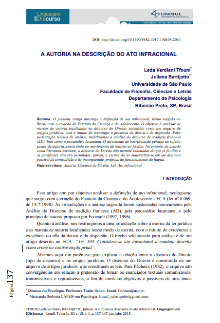 A AUTORIA NA DESCRIÇÃO DO ATO INFRACIONAL