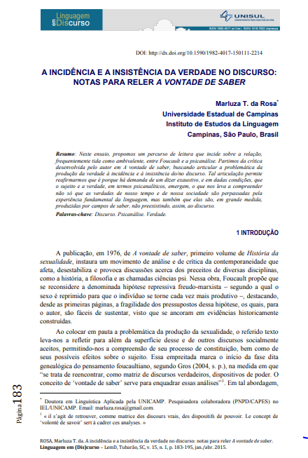 A INCIDÊNCIA E A INSISTÊNCIA DA VERDADE NO DISCURSO: NOTAS PARA RELER A VONTADE DE SABER