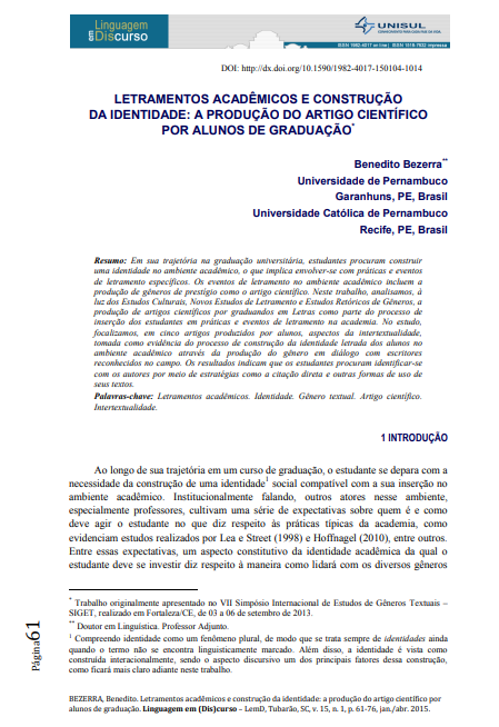 LETRAMENTOS ACADÊMICOS E CONSTRUÇÃO DA IDENTIDADE: A PRODUÇÃO DO ARTIGO CIENTÍFICO POR ALUNOS DE GRADUAÇÃO