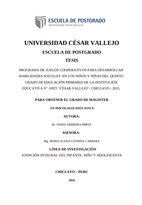 Programa de juegos cooperativos para desarrollar habilidades sociales en los niños y niñas del quinto grado de educación primaria