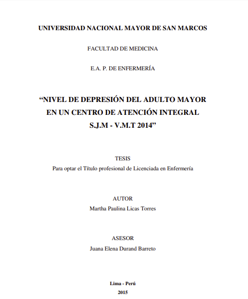 Nivel de depresión del adulto mayor en un centro de atención integral S.J.M - V.M.T 2014