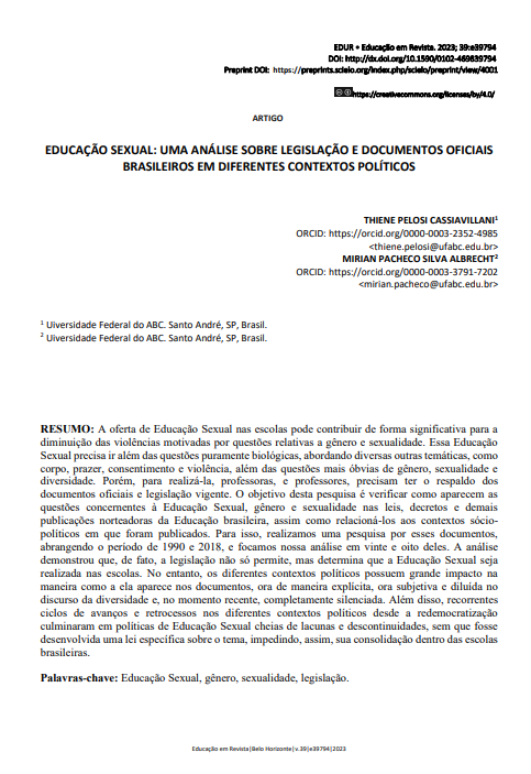 EDUCAÇÃO SEXUAL: UMA ANÁLISE SOBRE LEGISLAÇÃO E DOCUMENTOS OFICIAIS BRASILEIROS EM DIFERENTES CONTEXTOS POLÍTICOS